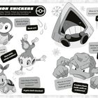 „Sinnoh Snickers“ mit Witzen und Pokémon: Piplup, Chimchar, Turtwig, Snorunt und Geodude. Humorvolle Fragen und Antworten.
