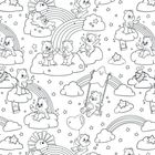 Illustration mit fröhlichen Bären auf Wolken und Regenbögen, umgeben von Sternen und Herzen.