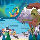 In Nordeuropa bringt der Golfstrom mildes Wetter. Er ziert eine Karte, einen Troll und nordische Elemente.