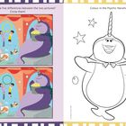 Links oben: "Can you spot the five differences between the two pictures? Circle them!"
Rechts oben: "Colour in the Psychic Narwhal!" 
Illustrationen: Zwei Suchbilder mit einem lila Narwal und einem Ausmalbild eines lächelnden Narwals mit magischen Motiven.