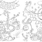 „MERRY MERRY“ auf Bannern. Verspielte Cartoon-Szene mit Geschenken, Achterbahn und geschmücktem Weihnachtsbaum.