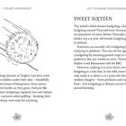 Links "I HEART HEDGEHOGS". Unten Text über Babyigel, deren Stacheln wachsen. Rechts "SWEET SIXTEEN"; ältester Igel lebte 16 Jahre. Links oben Illustration eines Igels. Seitenzahlen unten.