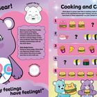 „Meet Share Bear!“, „Colour me in!“, „Even my feelings have feelings!“. Illustrationen von Bären und Rätseln mit Essen.