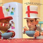 "PERU!" links, "ENGLAND!" rechts. Zwei Figuren frühstücken, sie tragen Hüte mit Landesfarben. Ein bär und ein Mensch wetteifern.