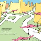 Text über Entscheidungen. Illustration zeigt einen Pfad durch gelbe Gebäude, große rosa Blüten und eine laufende Person.