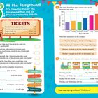 Texte zu Ticketpreisen, Aufgaben und Diagrammen. Farbenfrohe Illustration eines Rummels mit Attraktionen und Fahnen.