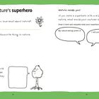 "Nature's superhero", "Nature needs you!", Baum mit Sprechblase, Eichhörnchen, leere Felder zum Ausfüllen und Zeichnen.