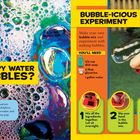 "WHY DOES SOAPY WATER MAKE BUBBLES?" und "BUBBLE-ICIOUS EXPERIMENT" sind hervorgehoben. Links bunte Seifenblasen, rechts ein Junge mit einer großen Blase.