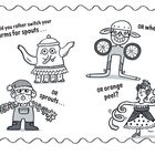 "Would you rather switch your arms for spouts... OR sprouts... OR wheels... OR orange peel?" zeigt skurrile Figuren mit Humor.