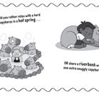 Links: "Would you rather relax with a herd of capybaras in a hot spring..." Ein Kind mit Capybaras im Wasser. Rechts: "OR share a riverbank with one extra-snuggly capybara?" Ein Kind kuschelt mit einem Capybara.