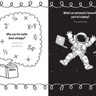 Links: "Why was the maths book unhappy? It had a lot of problems." Rechts: Astronaut zwischen Laptops, Weltraumhintergrund.