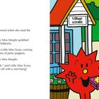Links steht Text über Little Miss Marple. Rechts eine bunte Illustration mit Comicfiguren und einem "Village Store".
