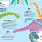 Ein farbenfrohes Dinosaurier-Illustration mit Texten: "A BIG TASK Who's the longest?", "Option A – Brachiosaurus", "Option C – Super-Long Supersaurus!", "Option B – Argentinosaurus", "Option D – Mamenchisaurus" und "IT'S FEEDING TIME!". Es werden die Größen und Besonderheiten der Dinosaurier beschrieben.