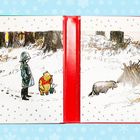 Links: Illustration von Person, Bär und Ferkel im Schnee, rechts: Esel neben Ästen. Hintergrund mit Bäumen.