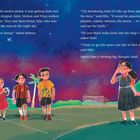 Zwei Seiten einer Illustration: Kinder im Gespräch über Sterne, einer schaut hoch, andere tragen Fußballtrikots. Bunte Abendlandschaft.