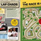 "LAST LAP CHAOS", "THE RACE IS ON". Links Renngeschehen und Fahrer, rechts bunte Rennstrecke illustriert.