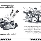 Text: "Would you rather have a really loud engine... OR a really quiet engine?" Illustration: Auto und Schlagzeuger.