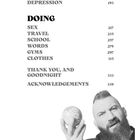 PLEASURE 173, DEPRESSION 193, DOING, SEX 217, TRAVEL 235, SCHOOL 257. Ein bärtiger Mann hält einen Globus.
