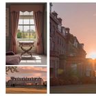 Beschreibung von Gleneagles in Perthshire, einem Luxusresort mit Golfplatz. Bilder zeigen elegante Innenräume und Außenansicht bei Sonnenuntergang.