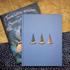 Buchcover mit Titel "Three Little Witches and the Spooky Castle". Darauf drei Hexenhüte in verschiedenen Designs.