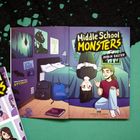 "Middle School Monsters" und "Robin Easter". Zwei Figuren im Zimmer, einer hängt kopfüber vom Bett, der andere sitzt daneben.