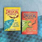 Zwei Buchcover, links gelb mit blauem Drachen, rechts rot mit grünem Drachen. Texte: "DOOM OF THE DARKWING", "FIGHT OF THE FLAMESTRIKE".