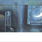 "And sleepy boy falls back to sleep in a sleepy sleepy house." Junge im Bett, schlafender Mond, Spielzeug im Zimmer.