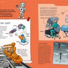 Text: "ROBOTS", "PERFORMING ARM", "ROBOTIC SURGERY", "ROBOBEES". Illustration mit Robotern, chirurgischem System, Fließband und Mini-Drohnen.