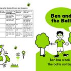 Text und Tabelle zur Einführung von Buchstabensounds, grüne Zeichnungen mit "Ben and the Ball", ein Junge mit Ball.