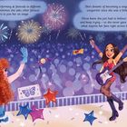 Texte beschreiben Olivias Auftritte und Träume. Zwei Sängerinnen feiern auf einer Bühne vor jubelndem Publikum und Feuerwerk. 