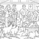Illustration: Eine Szene der Geburt Jesu mit Hirten, Engeln, Tieren und den heiligen drei Königen in einem Stall.