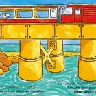 Zwei Textzeilen in Englisch und Spanisch erklären, dass Züge Brücken überqueren. Illustration: Zug auf gelber Brücke.