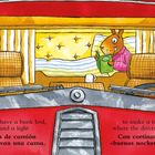 Ein roter LKW zeigt eine gemütliche Kabine mit Bett, Vorhängen und einem Kaninchen, das im Pyjama liest.