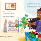 Texte: "Dylan peeks into the kitchen...", "A map of Ethiopia is pinned...", "A dashiki drapes Granny’s...", "The Lion of Judah watches." Eine Frau kocht, lächelnd, mit Gemüse und Gewürzen.