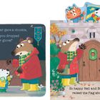 Links: Text über einen lachenden braunen Bären. Rechts: Figuren vor einer Burg mit Fahnen. Verspielter, bunter Stil.