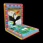 "HELLO TOUCAN!" und "Can you see the monkey?" auf buntem Kinderbuch. Illustrationen von einem fliegenden Tukan und Dschungelpflanzen.