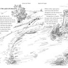 Texte vom Gedicht "The Lady of Shalott", Illustration zeigt Fluss, Felder, Baum, Burg mit Türmen im Hintergrund.