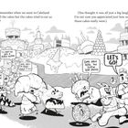 Texte: "I'll whip you into a butter-cream!", "LET'S GO!", "Come back here, you flippin' flap-jacks!". Illustration mit laufenden, sprechenden Kuchen und Figuren.
