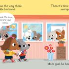 Text: Mo feels nervous... Matty holds his hand. Look, Mo love... Cherry Class. Mo is glad he has Mouse with him.  
Illustration: Zwei Tiere gehen Hand in Hand zur Schule.