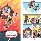 Links: "TINY HERCULES!" Skater sprüht Funken. Rechts: Skatende Figur, jubelnde Fans, bewundernde Rufe. Comic-Stil.