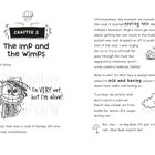 Kapitel 2: The Imp and the Wimps. "I'm VERY wet, but I'm alive!" Illustration: Figur im Regen, lächelnd.