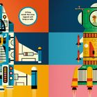 Links: "Sitting inside the crew capsule will keep us safe." Rechts oben: "A big window is good for watching the competition!" Unten rechts: "Small rockets called boosters will help us get off the ground." Zwei farbenfrohe Raketenillustrationen, links hellblau-weiß, rechts gelb-grün.