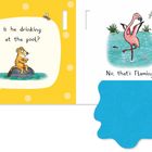 Text: "Is he drinking at the pool?" und "No, that's Flamingo." Illustration: Löwe auf Felsen, Flamingo im Wasser.