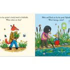 Links: "It's Spring in Acorn Wood! What are the animals doing today?" Tiere auf Wiese mit Vogel und Schmetterling. Rechts: Hase mit Garten.