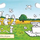 Eine Illustration zeigt Tiere bei einem Picknick im Grünen. "Wie viele Teller kannst du finden?" steht in einem Kreis.