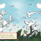 Text: „Who found the hat?“ und „How the witch wailed...“. Illustration einer Hexe auf einem Besen im Wind.