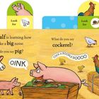 "Little Calf is learning how to make a big noise. What do you say pig? OINK. What do you say cockerel? COCK-A-DOODLE-DOOO." 
Illustrationen von Tieren: Kuhkalb, Schweine, Hahn mit Küken.