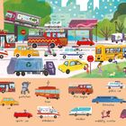 Texte: "Around town. Beep beep! It's busy in town today. What exciting vehicles are whizzing along the road?" 
Illustration: Diverse Fahrzeuge und Menschen in einer belebten Stadt.