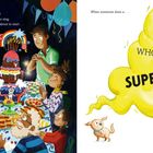 Links: Eine Geburtstagsfeier mit einem großen Kuchen und fröhlichen Personen. Rechts: Eine gelbe Wolke mit "MIGHTY WHOPPING SUPERSONIC FART!".