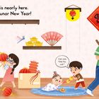 Text: „A special day is nearly here. Get ready for Lunar New Year! Can you find my cat?“ Illustration einer Familie beim Dekorieren.